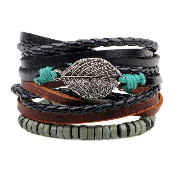 Leaf Charm Leather Rope Bracelet - Bracelets, In this section_Bracelets, Price_$0 - $25 - Bargains Express