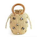 Handmade Rhinestone Drawstring Straw Top Handle Bucket Tote - Clutches, In this section_Clutches, In this section_Tote Bags, Price_$25 - $50, Tote Bags - Bargains Express