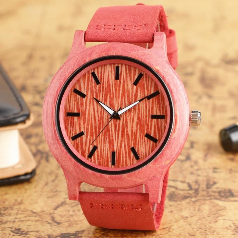 Natural Red & Pink Handmade Genuine Leather Bamboo Watch USA Bargains Express