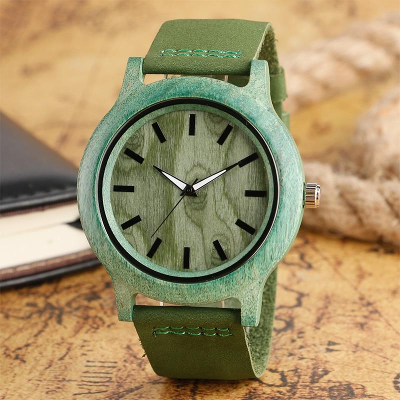 Natural Green Handmade Genuine Leather Bamboo Watch USA Bargains Express