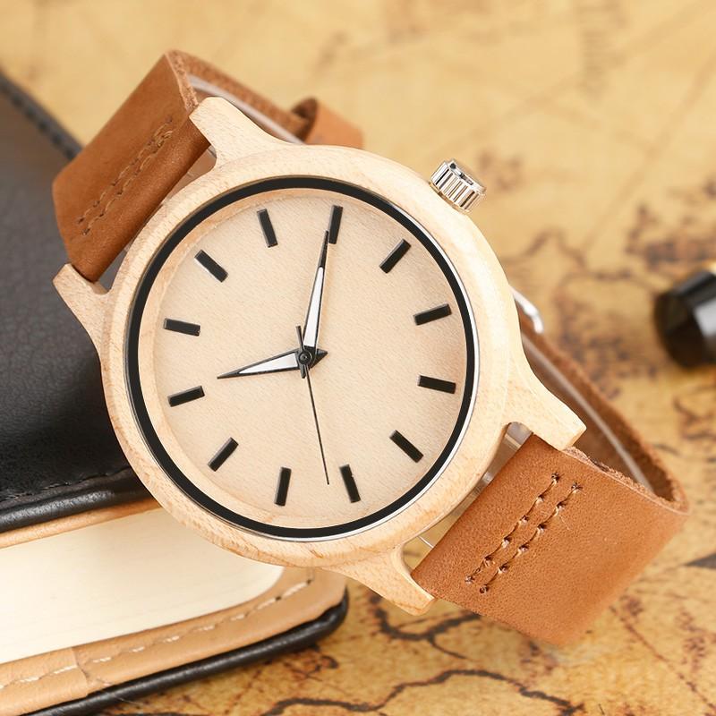 Natural Brown Handmade Genuine Leather Bamboo Watch USA Bargains Express