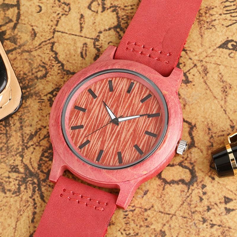 Natural Red & Pink Handmade Genuine Leather Bamboo Watch USA Bargains Express