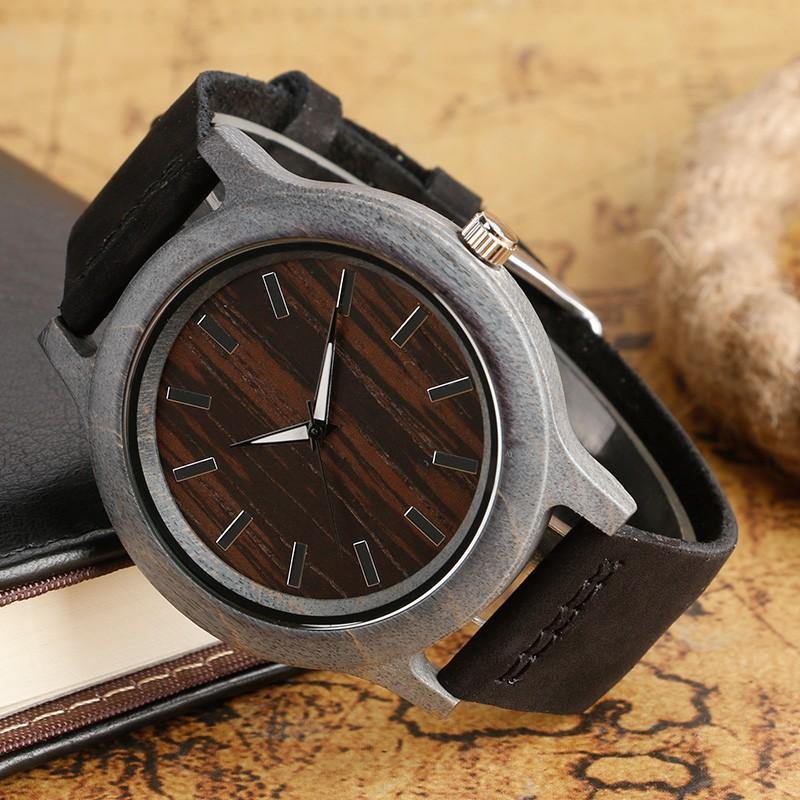 Antique Black Handmade Genuine Leather Bamboo Watch USA Bargains Express